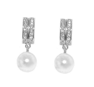 Rhodium Swarovski crystal and pearl baguette earrings